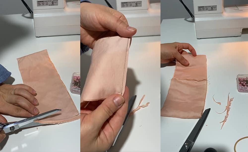 tree views of hands cutting red silk fabric with silver scissors