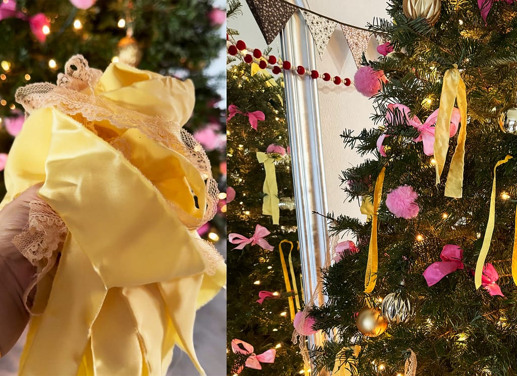 hand holding yellow silk and lace with green Christmas tree