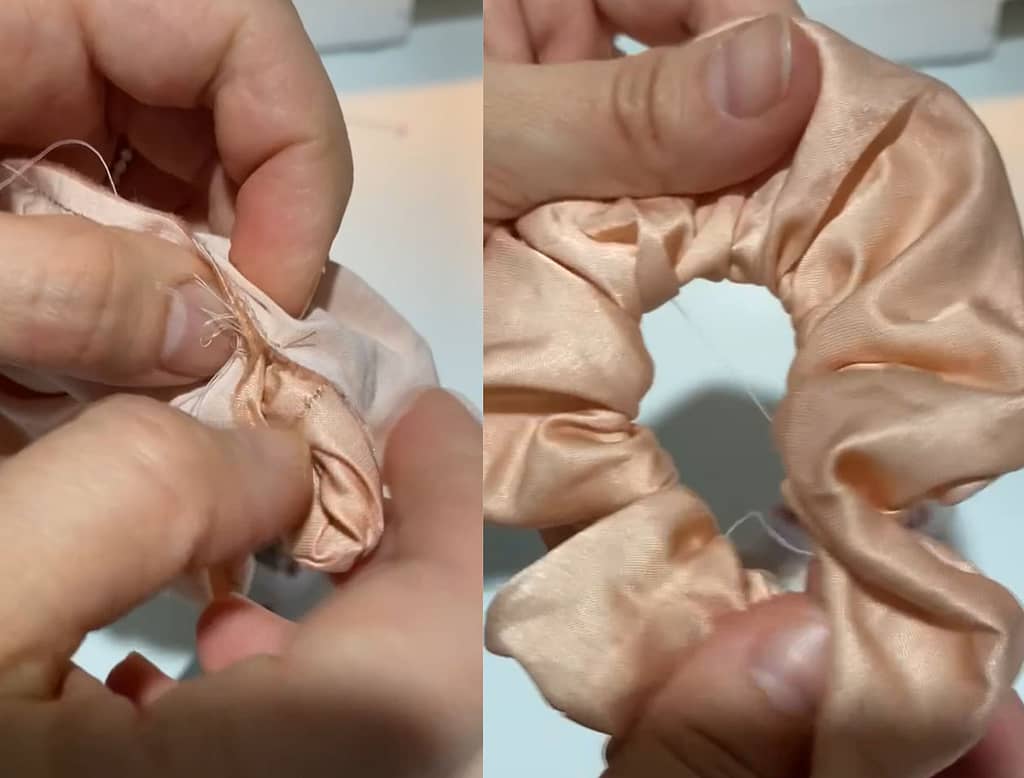 two views of hands holding red silk scrunchie and pulling inside out 