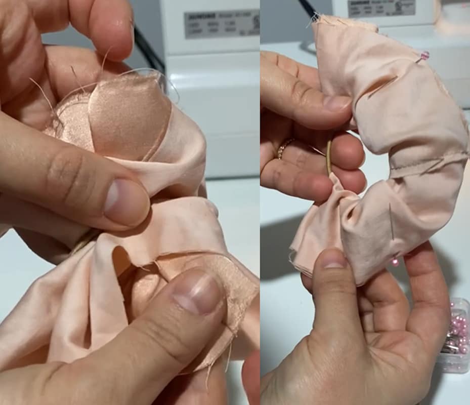 two views of hands holding red silk scrunchie and pins